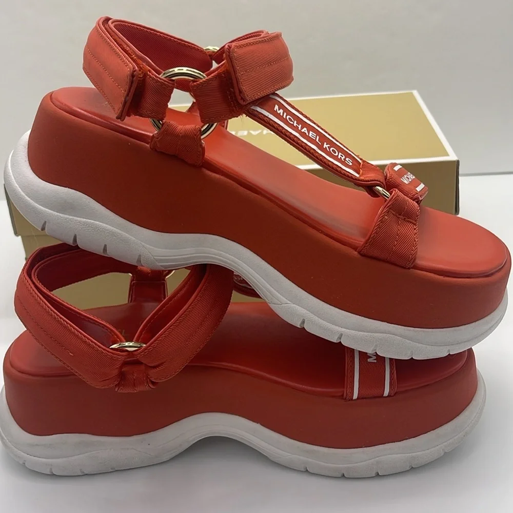 MICHAEL KORS Katrina Nylon Sport Platform Sandal Red Clay  New